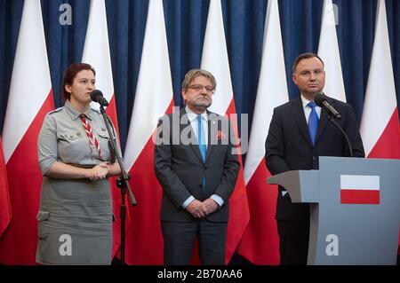 Warschau, Mazovian, Polen. März 2020. Der Präsident Traf Die Behörden Der Pfadfinderorganisationen Und Der Sanitär Inspector.in das Bild: Anna NOWOSAD, JAROSLAW PINKAS, ANDRZEJ DUDA Credit: Hubert Mathis/ZUMA Wire/Alamy Live News Stockfoto