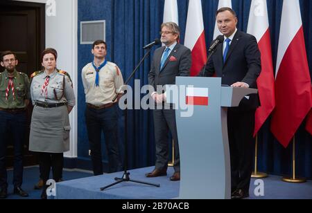 Warschau, Mazovian, Polen. März 2020. Der Präsident Traf Die Behörden Der Pfadfinderorganisationen Und Der Sanitär Inspector.in das Bild: Anna NOWOSAD, JAROSLAW PINKAS, ANDRZEJ DUDA Credit: Hubert Mathis/ZUMA Wire/Alamy Live News Stockfoto