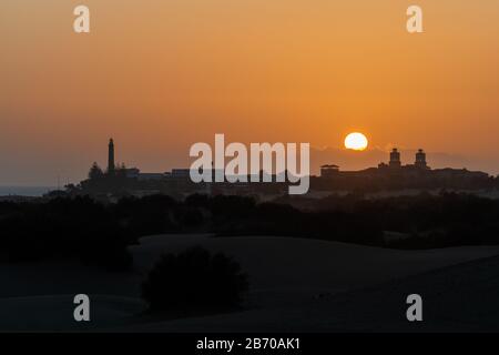 Sonnenuntergang über den Dünen von Maspalomas auf Gran Canaria Stockfoto