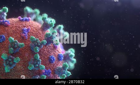 Neue 3D-Visualisierung des Covid-19-Virus. Die meisten mit Coronavirus infizierten Menschen erkranken an einer schweren akuten Atemwegserkrankung mit Symptomen wie Fieber, Husten und Atemnot. Credit: Fusion Medical Animation/Alamy Live News Stockfoto