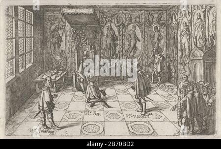 Koning Gustaaf II. Adolf slaat de heer Bas tot ridder Gustav II Adolf, König von Schweden, kniet Mr. Bass schlägt Ritter im königlichen Palast in Stockholm. Im Vordergrund steht Herr Joachim, der kurz vor dem Adel stand. Hersteller : Druckerhersteller Simon Frisiusuitgever: Hendrick Hondius (I) Ort Herstellung: Druckmaschine: Nordholländer Herausgeber: Den Haag Datum: 1619 und / oder 1639 Physikalische Merkmale: Ätzmaterial: Papiertechnik: Ätzmaße: Plattenkante: H 101 mm × W 159 mmToelichtBoekillustriatie aus Goeteeris, A. Journal of the Legation ghedaen (. Stockfoto