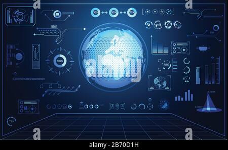 Abstrakte Technologie ui futuristische Konzeptwelt digitale hud-Schnittstelle Hologrammelemente digitaler Datendiagramme, Kommunikation, Kreis-Prozent-Vitalität Stock Vektor