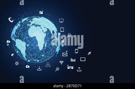 Abstraktes Internet der Dinge Netzwerktechnologie Infografik Hintergrundkonzept Geräte und Konnektivität Welt Symbol in flachem Design, Business Icon flat w Stock Vektor