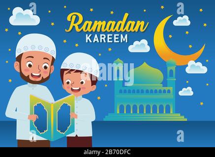 Die Illustration oder der Vektor eines Jungen und eines Vaters, der den Koran vor der Moschee liest, begrüßte die Ankunft des Monats Ramadan. Stock Vektor