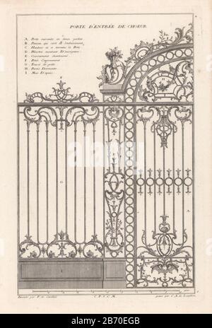 Ein ornamentierter schmiedeeiserner Chorschirm mit einem oberen mittelvas. Hersteller : Druckerhersteller Carl Albert von Lespilliez (Listed Property) entworfen von François de Cuvilliés (Sr.) (auf Objekt abgebildet) Berechtigungsanbieter: Kaiserliches Gericht (auf Objekt angegeben) Herstellung: Deutschland Datum: 1745 Physikalische Eigenschaften: Ätzung und Engra-Material: Papiertechnik: Ätzung/Engra-Messung (Druckprozess) Maße: Plattenkante: H 370 mm × W 244 mm Motiv: Roter Bildschirm, Chorschirm; Ikonostase Stockfoto