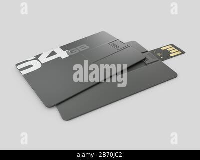 3D-Rendering von USB-Karten-Mockup aus Kunststoff, Visiting Flash Drive Namecard Mock up for 64 GB, Clipping Path incl Stockfoto