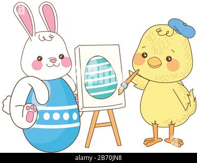 Kleines Kaninchen und Küken, das ei-osterzeichen malt Stock Vektor