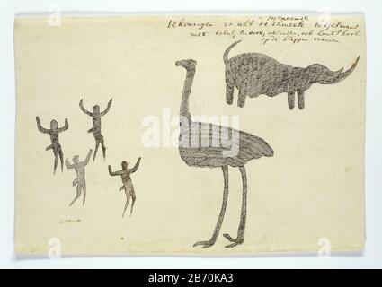 Een neushoorn en een struisvogel, met vier achteruitdeinzende figuurtjes met opgeheven Armen. Rotstekening van de San, die met kleurstoffen, houtskool en natuurlijke materialen op de rotsen schilderden. Hersteller: Zeichner: Robert Jacob Gordon dating: 16-nov-797 Physikalisches Kenmerken: Stift en Penseel in Inkt-Material: Papier inkt Techniek: Penseel / Stiftabmessungen: Albumblad: H 660 mm × b 480 mmblad: H 203 mm × b 298 mmOnderwerp Stockfoto
