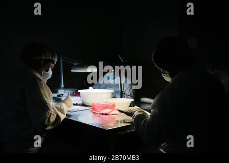 Arbeiter in einer Pharmafabrik Stockfoto