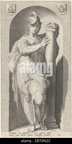 Kracht (Fortitudo) De zeven hoofddeugden (serietitel) Frau steht neben einer Säule, in einer Nische, als Personifikation des Kracht. Hersteller : Druckerhersteller Jan Saenredam zur Zeichnung: Hendrick Goltzius (denkmalgeschütztes Gebäude) Autor: Franco Estius (denkmalgeschütztes Objekt) Ort Herstellung: Nordholland Datum: 1593 Physikalische Merkmale: Fahrzeugmaterial: Papiertechnik: ENGRAA (Druckverfahren) Abmessungen: Plattenkante: H 323 mm × W 167 mm Betreff: Stärke, "Fortitudo"  eine der Vier Kardinal-Tugend Stockfoto