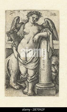 Kracht (Fortitudo) Fortitvdo (titel op object) Kennis en Zeven Deugden (serietitel) Winged Woman as the Personifikation of Strength (Fortitudo) Broken Attributes Column and Lion Manufacturing Manufacturer: Printer Hans Sebald Beham (listed object) in seinem Design: Hans SehamPlaats Manufacturing: Frankfurt Date: 1539 Features: Physical Material: Paper Technique: Paper Material: Engraa (Druckverfahren) Abmessungen: Plattenkante: H 39 mm × W 25 mm Betreff: Fortitudo  eine Der Vier Cardinal Virtue Stockfoto