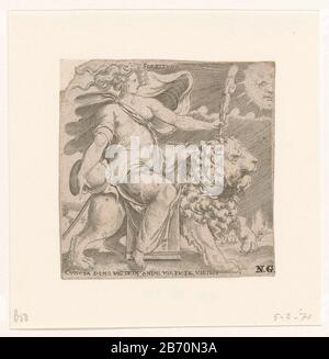 Kracht Fortitudo (titel op object) Emblematische figuren (serietitel) Kraft (Fortitudo) als Frau, die auf dem Rücken eines Löwen mit Helm und einer Keule in den Händen sitzt. Ihr Blick richtet sich nach rechts auf die Sonne. Nieder eine Regel lateinischer Tekst. Hersteller: Druckmaschine: Enea Vicoprentmaker Cornelis Massijsnaar Design: Francesco Salviati (möglich) Herstellung: Druckmaschine Italien Druckmaschine: Südholländer zu entwerfen: Italien Datum: 1533 - 1567 Physische Merkmale: Ätzmittel und Engra-Material: Papiertechnik: Engraa (Druckverfahren) / Ätzmaße: Blatt: H 79 mm (Schnittkante Innenblech) × W 78 mm Stockfoto