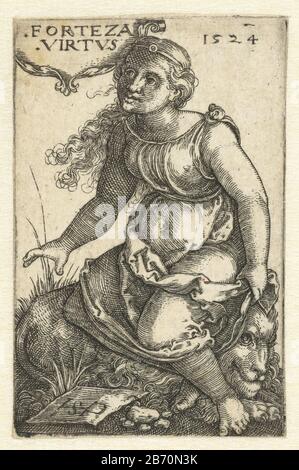 Kracht (Fortitudo) Forteza Virtvs (titel op object) Frau als Personifikation der Stärke (Fortitudo) sitzt auf einem Löwen, dem Symbol dieser Entjudung. Hersteller : Druckerei-Hersteller Hans Sebald Beham (denkmalgeschütztes Gebäude) in seiner Gestaltung: Hans Sebald BehamPlaats Herstellung: Nürnberg Datum: 1524 Physikalische Merkmale: Engra-Material: Papiertechnik: Engra (Druckverfahren) Abmessungen: Plattenkante: H 54 mm × W 35 mm Gegenstand 'Fortition' Fortitüde  eines der sieben Geschenke des Heiligen Geistes Stockfoto