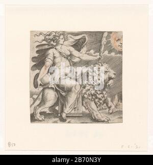 Kracht Emblematische figuren (serietitel) Kraft (Fortitudo) als Frau, die auf dem Rücken eines Löwen mit Helm und einer Keule in den Händen sitzt. Ihr Blick richtet sich auf den Sonnenofen. Hersteller : Druckmaschine: Enea Vicoprentmaker Cornelis Massijsnaar Design: Francesco Salviati (möglich) Herstellung: Druckmaschine Italien Druckmaschine: Südholländer zu entwerfen: Italien Datum: 1533 - 1567 Physikalische Merkmale: Ätzung und Engraa, bearbeitet mit rotem Kreidematerial: Papierkreidetechnik: Engraa (Druckverfahren) / Ätzung / Farbmessungen: Blatt: H 75 mm (abgeschnittene Innenkante) × b 75 Stockfoto