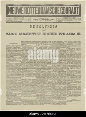 Krant traf einen artikel über de begrafenis van Willem III, Koning der Nederlanden, am 4. dezember 1890 Nieuwe Rotterdamsche Courant (titel op object) Zeitung in einem Artikel über die Beerdigung von Wilhelm III., König der Niederlande, am 4. Dezember 1890Nieuwe Rotterdam-Courant (title object) Immobilientyp: Zeitung Artikelnummer: RP-P-ob-105.657 Hersteller: Herausgeber: Nijgh & Son (Listed Property) Ort Herstellung: Rotterdam Datum: 5. Dezember 1890 Physische Merkmale: Textdruckmaterial: Papiertechnik: Briefpresseabmessungen: Blatt: H 604 mm × W 463 mm Betreff: Funerary CeremonialWanneer: 1890-12-0 Stockfoto