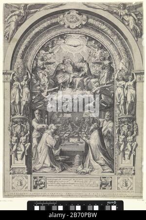 Kroning van Maria met de heiligen Laurentius, Paulus, Petrus en Sixtus Marienkrönung mit den Heiligen Lawrence, Paul, Peter und Sixtus Grundstückstyp: Bild Artikelnummer: RP-P-1893-A-18043Catalogusreferentie: New Hollstein Dutch 100-2 (4) Beschreibung: Maria sitzt neben Gott Vater im Himmel, wird von ihm gekrönt. Über ihr der Heilige Geist in Form einer Taube und des Engelschors. Nieder die Heiligen Paul, Lawrence, Sixtus und Peter am Eingang zur Hölle. Das ganze in einem bogenförmigen Architekturrahmen mit Engeln. Unter den Schauern in einer Kartusche ein lateinisches vers. Hersteller: Druckhersteller Cornelis Cort (li Stockfoto