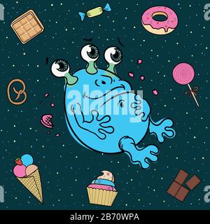 cartoon illustration of a cute alien glutton surrounded by sweets. Stock Vektor