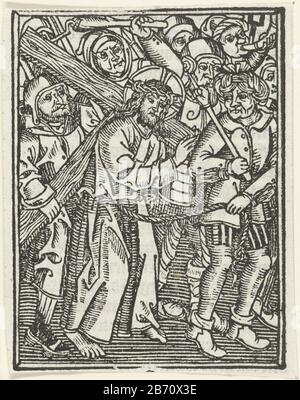 Kruisdrierung Christus, der sein Kreuz trägt, eine Gruppe von Angreifern hinter dem Saum. Hersteller unbekannt: Meister Delbeq-Schreiber-Passion (zugeschrieben) unbekannt: Meister von Delft (zugeschrieben) unbekannt: Meister der Jungfrau inter Jungfrauen (zugeschrieben) Ort Herstellung: Niederlande Datum: 1490-1500 und/oder 1503 Physische Merkmale: Holzschnittmaterial: Papiertechnik: Holzschnitt Abmessungen: Bild: H 90 mm × W 68 mmToelichtingEén Blatt 113 Ludolph von der Saxonia, das es dleué uns loly Herren ihesu christi. Anonyme niederländische Übersetzung. Herausgegeben von Henrick Eckert Homberch von Antwerpen im Jahr 1503. Botke, K. Th Stockfoto