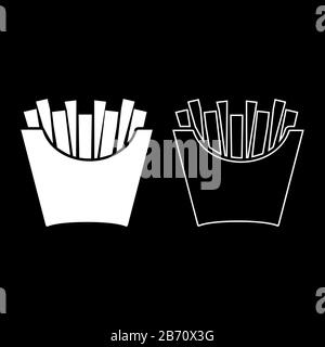 Pommes frites in der Packung Bratkartoffeln in Papiertüten fast Food in Eimer-Box Snack Concept Icon Outline Set White Color Vector Illustration Flat Style Stock Vektor