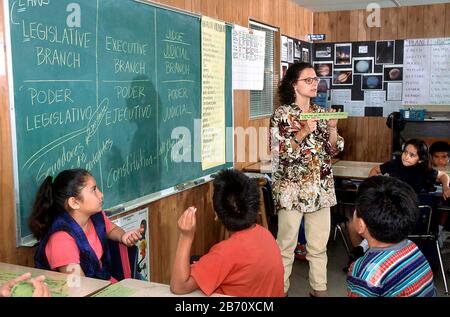 Austin, Texas USA: Lehrerin, die in der viertstufigen zweisprachigen Bildungsklasse an der Walnut Creek Elementary School Zivilunterricht in Englisch und Spanisch gibt. HERR ©Bob Daemmrich Stockfoto