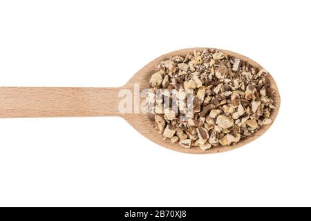 Löwenzahnwurzel oder in lateinischer Taraxaci-Radix in Holzlöffel isoliert auf weißem Grund Heilkräuter. Kräutermedizin. Alternative Medizin Stockfoto