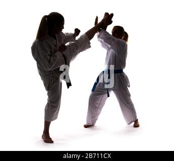 Zwei Mädchen in weißen Kimonos mit schwarzen und blauen Bändern, Training und Üben von Karate-Ständen und Techniken Stockfoto