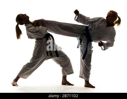 Zwei Mädchen in weißen Kimonos mit schwarzen und blauen Bändern, Training und Üben von Karate-Ständen und Techniken Stockfoto