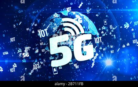 5G mobile Kommunikation, iot, Datenübertragung, digitale drahtlose Netzwerksymbole auf digitaler 3D-Abbildung des Globus. Abstrakter Konzepthintergrund. Stockfoto