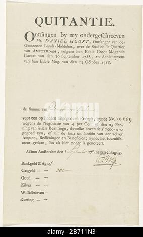 Kwitantie op naam van Daniel Hooft, 1789 Quittung Ontfangen von meinem ondergeschreeven Herrn Daniel Hooft () (titel op object) Beleg, der von Daniel Hooft als Empfänger der bösen Bodenschätze am 1. september 1789 ausgestellt wurde. Bedrucktes Blatt, Wo: Mit Stift, der in die von Hooft unterschriebenen Mengen gefüllt ist. Hersteller : Drucker: Anonymer Ort Herstellung: Nordniederland Datum: 1789 Physische Merkmale: Textdruck und Handschriftzstift in braunem Material: Papiertechnik: Briefpressendruck / Schreibabmessungen: Blatt: 303 mm × h 188 b mmToelichtingNiet in Frederik Muller; hinzugefügt durch die RPK-Nummer. Datum: 178 Stockfoto