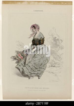 L'Artiste, Toilette de Campagne, Septembre, 1840 Physionomie des Modes Woman Walking in the Wind, mit Sonnenschirm oder Regenschirm in den Händen. Sie trägt ein graues Kleid mit V-förmigem Hals, langen Puffärmeln und breitem Rock, der mit Rüschen verziert ist. Auf der rosafarbenen Haupthaube mit Striklinten. Om schultert ein langer gestreifter Schal mit Fransen an den Enden. Drucken Sie die Zeitschrift "L'Artiste" (Paris, 1830-1) Hersteller Schöpfer aus:. Druckerhersteller Paul Gavarniprentmaker: Anonymes Datum: Um das Jahr 1840 Physische Merkmale: Lithographisches, handfarbenes Material: Papiertechnik: Lithographie (Technik) / manuelle Farbabmessungen: S Stockfoto