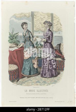 Zwei Frauen an einem Tisch im Innenraum, gekleidet in Gewand von Maison Fladry, Nachfolgerin Coussinnet. Drucken Sie das Modemagazin La Mode Illustrée (1860-1937) aus. Hersteller: Druckmaschine: Huard (denkmalgeschütztes Eigentum) zur Zeichnung: Anaïs Colin-Toudouze (denkmalgeschütztes Gebäude) Drucker: Leroy (denkmalgeschütztes Eigentum) Herstellung: Paris Datum: 1880 Physikalische Eigenschaften: Enra, handfarbenes Material: Papiertechnik: ENGRAA (Druckverfahren) / Handfarbenmessungen: Blatt: H 370 mm × W 260 mm Betreff: Modeplatten Kopfbedeckung: Hut (+ Damenbekleidung) Kleid, Kleid (+ Damenbekleidung ) Handschuhe, Fäustlinge usw. (+ wo Stockfoto