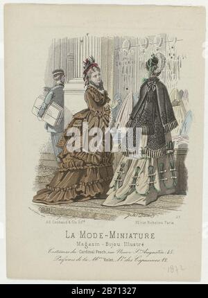 La Mode-Miniatur, 1872, Nr. 25 Kostüme du Kardinal Fesch Zwei Frauen, die am Fenster eines Stoffes stehen, gekleidet in Kleider mit Schlange Kardinal Fresch. Die rechte Frau, die einen Rock trägt. Unter der Show einige Zeilen Textwerbung für verschiedene Produkte. Drucken Sie das Modemagazin La Mode Miniature (1872-1873) aus. Der Druck ist eine verkleinerte Kopie auf Nr. 1066c von Le Moniteur des Dames et des Demoiselles und/oder Le Journal des Dames et des Demoiselles, 1872. Hersteller: Druckerhersteller A. Bodin (denkmalgeschütztes Eigentum) zum Zeichnen: Jules-David (1808-1892) (denkmalgeschütztes Gebäude) Herausgeber: Ad. Goubaud et Stockfoto