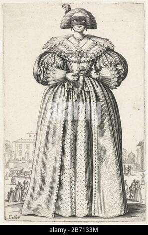 La Noblesse de Lorraine (De adel van Lotharingen) Dame traf sich mit Masker en bloem, van voren gezien La Noblesse (serietitel) Edellieden uit Lotharingen (serietitel) Standing Lady, von vorne gesehen, mit einem Kleid mit breitem Kragen, einer Maske für das Gesicht, einer Blume in der Hand. In den Hintergrundfiguren und einem Reisebus auf der Terrasse einer Villa und einem küssenden Paar. Dieser Druck ist Teil einer Serie von 12 Drucken mit Adeligen in Kostümen, die im ersten Viertel des 17. Jahrhunderts in Lorraine getragen wurden; die Hälfte der Serie betrifft Herrenanzüge, die andere Hälfte zeigt Damekostudien. Hersteller: Drucken Stockfoto