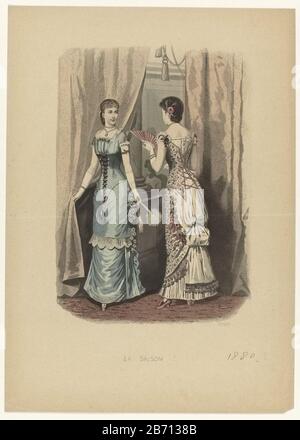 La Saison, Journal Illustré des Dames, 1880, Nr. 625 Objekttyp: Modebild Artikelnummer: RP-P-ob-103.550 Aufschriften / Marken: Titel, unteres Zentrum, schrieb: "La SAISON? Beschreibung: Zwei Frauen in Abendkleidern. Accessoires: Halskette mit Anhänger, Armband am Arm in Form einer Schlange, lange Handschuhe, Klapplüfter, Federlüfter, Blumencorsages, Schuhe mit Fersen. Der Druck ist Wo: Offenbar von der Modezeitschrift La Saison (1860-1902) . Hersteller: Druckmaschine: Anonymer Termin: Um die Jahre 1880 Physische Merkmale: Beweis; Tiefdruck, handfarbenes Material: Papiertechnik: Engra (Druckproce Stockfoto