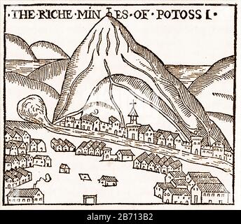 Ein Holzschnitt aus dem 16. Jahrhundert, der Silberminen bei Potosi zeigt. (Villa Imperial de Potosí), Bolivien, Südamerika. Sie ist eine der höchsten Städte der Welt und diente einst als Standort der spanischen Kolonialminze. Wie der Holzschnitt zeigt, liegt Potosí am Fuße des silberreichen Cerro de Potosí oder Cerro Rico (reicher Berg), der angeblich "eine Silbererzade" ist. Es wird geschätzt, dass dieser eine Berg 60% des gesamten in der Welt abgebauten Silbers in der zweiten Hälfte des 16. Jahrhunderts produzierte. Die acht Münzen, die von Piratenfilmen geliebt wurden, wurden in der Münzstätte Potosi produziert. Stockfoto