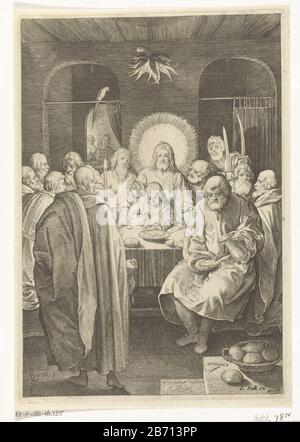 Laatste Avondmaal De Passie (serietitel) Christus hat seinen Jüngern das letzte Avondmaal verwendet. Hersteller: Druckmaschine: Nicolaes de Bruyn (denkmalgeschütztes Gebäude) in seinem Entwurf: Nicolaes de Bruyn (denkmalgeschütztes Gebäude) Herausgeber: Gerard Valck (denkmalgeschütztes Gebäude) Inspiration: Hendrick Goltzius Inspirator: Lucas van Leyden Ort Herstellung: Niederlande Datum: 1618 Physische Merkmale: Engra-Material: Papiertechnik: Engraa (Druckverfahren) Messungen: Plattenkante: H 201 mm × W 137 mmToelichtingPrent aus einer Serie von zwölf Drucken mit Szenen aus der Leidenschaft. Serie inspiriert von den Drucken von Hendrick Goltzius a Stockfoto