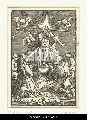 Laatste Oordeel De val en verlssing van de mensheid (serietitel) Christus, der auf einer Kugel mit einer Lilie hinter ihm und zwei trompetenden Engeln sitzt. Für ihn kniend Maria und Johannes. Neununddreißigtes Bild einer Serie von Veertig. Hersteller : Druckhersteller: Albrecht Altdorfer (auf dem Objekt angegeben) Herstellung: Deutschland Datum: CA. 1506 - 1538 Körperliche Merkmale: Holzblockmaterial: Papiertechnik: Holzblockmaße: Bild: H 72 mm × b 48 mm Betreff: Umfassende Darstellung oder Gericht: Christus (mit Schwert und Lilie) oder an anderer Stelle umgeben und manchmal Von Maria a Begleitet Stockfoto