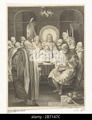 Laatste avondmaal De Passie (serietitel) Christus benutzte mit Seinen Jüngern das letzte Avondmaal. Hersteller: Druckmaschine: Nicolaes de Bruyn (denkmalgeschütztes Gebäude) in seinem Entwurf: Nicolaes de Bruyn (denkmalgeschütztes Gebäude) Inspiration: Hendrick Goltzius Inspirator: Lucas Place Manufacturer of Leyden: The Netherlands Date: 1618 Physical Characteristics: Engra Material: Papiertechnik: Engra (Druckverfahren) Messungen: Blatt: H 183 mm × W 141 mmToelichtingPrent aus einer Serie von zwölf Drucken mit Szenen aus der Leidenschaft. Serie inspiriert von den Drucken von Hendrick Goltzius und Lucas van Leyden. Postkarte verwendet für Stockfoto