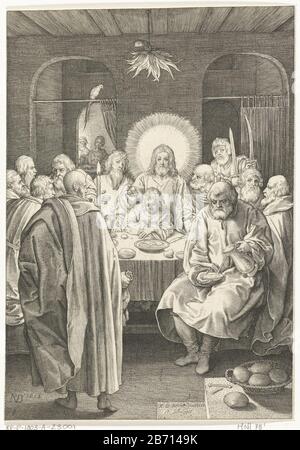 Laatste avondmaal De Passie (serietitel) Christus benutzte mit seinen Jüngern das letzte Avondmaal. Hersteller: Druckmaschine: Nicolaes de Bruyn (denkmalgeschütztes Gebäude) in seinem Entwurf: Nicolaes de Bruyn (auf dem Objekt angegeben) Inspiration: Hendrick Goltzius inspiratorisch: Lucas van Leyden Ort Herstellung: Die Niederlande Datum: 1618 Physische Merkmale: Engra-Material: Papiertechnik: Engra (Druckverfahren) Messungen: Blatt: H 196 mm × W 137 mmToelichtingPrent aus einer Serie von zwölf Drucken mit Szenen aus der Leidenschaft. Serie inspiriert von den Drucken von Hendrick Goltzius und Lucas Leyden. Betreff: Letztes S Stockfoto