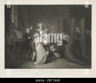 Laatste samenzijn van Lodewijk XVI en zijn familiie View in einem Zimmer mit Ludwig XVI. Verabschiedet sich von seiner Grie-Familie. Text auf Englisch ondermarge. Hersteller : Druckerhersteller Luigi Schiavonetti (denkmalgeschütztes Eigentum) zum Gemälde von Charles Benazech (denkmalgeschütztes Gebäude) Herausgeber: Colnaghi & Co (denkmalgeschütztes Eigentum) Herstellung: Druckmaschine: Italien Herausgeber: London Datum: 1704 Physische Merkmale: Stippelettmaterial: Papiertechnik: Stippeletten Abmessungen: Plattenkante: H 519 mm × W 645 mm Betreff: Lineal, souveräne, Wikomafie: Wikomafie Ludwig XVI. (König von Frankreich) Stockfoto