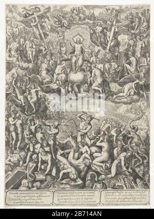 Laatste Oordeel Das Jüngste Gericht oben: Christus thront auf dem Regenbogen und seine Füße ruhen auf der Weltkugel. Er ist umgeben von Engeln mit Arma Christi, Heiligen mit ihren Attributen und Patres. Unter den Dämonen der Hölle zeigen Seelen keine Barmherzigkeit. Unter der Show ist ein Vers in vier Zeilen in drei Sprachen ​​repeated wordt. Hersteller : Druckmaschinenfirma Barbara van den Broeck (Listed Property) entworfen von: Crispin van den Broeck (Listed Building) Herausgeber: Hendrick Hondius (I) ( Listed on object) Ort Herstellung: Den Haag Datum: 1649 Physikalische Merkmale: Fahrzeugmaterial: Papiertechnik: Engra (Druckverfahren) Stockfoto