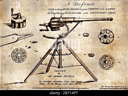 Puckles Maschinenpistole (patentiert 1718) War Bizarr und wurde entworfen, um quadratische Kugeln gegen muslimische Türken und runde Kugeln gegen Christen zu schießen. Die Waffe wurde auch als Verteidigungspistole und Puckpistole bezeichnet. Es wurde 1718 von James Puckle (1667-1724), einem britischen Erfinder, Rechtsanwalt und Schriftsteller, erfunden und patentiert und gilt als die 1. Waffe, die eigentlich als Maschinenpistole bezeichnet wird. Einige Quellen sagen, dass es nur zwei Geschütze gab, die hergestellt wurden und dass sie nie bei militärischen Aktionen verwendet wurden. Stockfoto