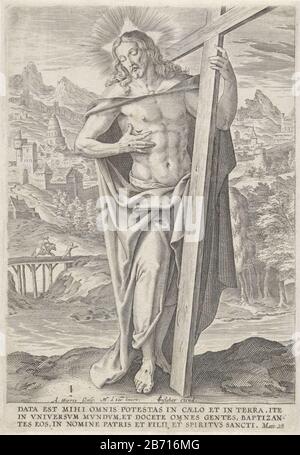 Landschap traf Christus Christus steht neben dem Kreuz und zeigt die Wunde in seiner Seite. Im Hintergrund ein Blick auf eine Stadt in einer Hügellandschaft. Unten links nummeriert I. Am Rand ein dreizeiliger Bibelzitat von Matt. 28 in Latijn. Hersteller: Druckmaschine Antonie Wer: Rix (II) (denkmalgeschütztes Gebäude), entworfen von: Marten de vos (denkmalgeschütztes Gebäude) Verlag Claes Jansz. Visscher (II) (auf Objekt bezogen) Ort Herstellung: Antwerpen datieren: 1583 bis 1587 und / oder 1601 - 1652 Physikalische Eigenschaften: Engra-Material: Papiertechnik: Engraa (Druckverfahren) Maße: Plattenkante: H 199 mm × W 13 Stockfoto