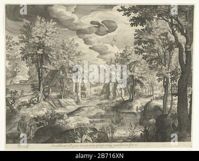 Landschaft mit Hagar und Ishmael weg mit Krug und Brot, nachdem sie von Abraham vertrieben wurden. Am Rand unten befindet sich ein Zitat aus der Schrift Gen 21 Latijn. Hersteller: Druckmaschine: Nicolaes de Bruyn (denkmalgeschütztes Gebäude) in seiner Gestaltung: Nicolaes de Bruyn (denkmalgeschütztes Eigentum) Herstellung: Niederlande Datum: 1581 - 1656 Physikalische Merkmale: Fahrzeugmaterial: Papiertechnik: ENGRAA (Druckverfahren) Abmessungen: Plattenkante: H 394 mm × W 509 mm Subjekt Hagar und Ishmael (oder bei mit Bogen und Pfeil) verlassen Berg Stockfoto