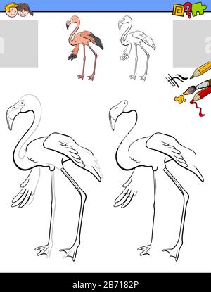Cartoon-Illustration von Zeichnung und Farbzeichnung Für Kinder mit Lustiger Flamingo-Tierfigur Stock Vektor