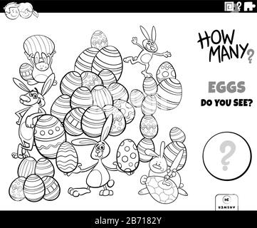 Schwarz-Weiß-Illustration des Pädagogischen Zählspiels für Kinder mit Cartoon Easter Eggs und Bunnies Characters Group Coloring Book Page Stock Vektor