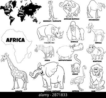 Schwarz-Weiß Educational Cartoon Illustration of African Animals Set and World Map with Continents Shapes Coloring Book Page Stock Vektor