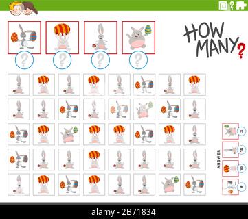 Abbildung: Pädagogisches Zählspiel für Kinder mit Cartoon Easter Bunnies Holiday Animal Characters Stock Vektor