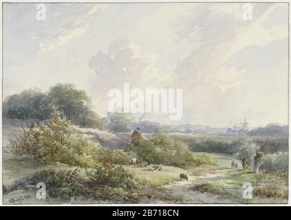 Landschap met boerderij en Vee Landschaft mit Farm und Vee Objektart : Zeichnung Aquarell Artikelnummer: RP-T 1925-372 Hersteller : Künstler: Willem Roelofs (I) Von: 1849 Physikalische Merkmale: Bleistift, Pinsel in Farben in Aquarellmaterialien: Bleistift Aquarelltechnik: Bürstenabmessungen: 193 mm × W 274 mm Betreff: Einsame Farm oder Haus in der Landschaft Stockfoto