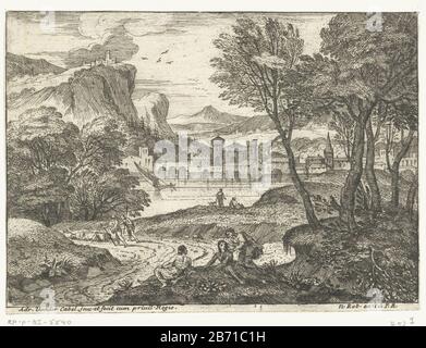 Landschap traf drie personen langs Pad Gezicht op een bergdorp Landschappen, Serie acht (serietitel) Landschaft mit im Vordergrund, eine stehende und sitzende Figur zwei auf einem torreichen Weg; weitere zwei Wanderer. Im Hintergrund verließ TOP eine Stadt an einem See und einen Blick auf ein Bergdorf. Erstes Bild aus der Serie vier. Hersteller: Druckmaschine: Adriaen van der Cabel (denkmalgeschütztes Gebäude) in seiner Gestaltung: Adriaen van der Cabel (denkmalgeschütztes Gebäude) Herausgeber: Robert N. (denkmalgeschütztes Eigentum) Träger des Privileges: Ludwig XVI (König von Frankreich) (denkmalgeschütztes Gebäude) Ort Herstellung: Frankreich (möglich) Datum Stockfoto
